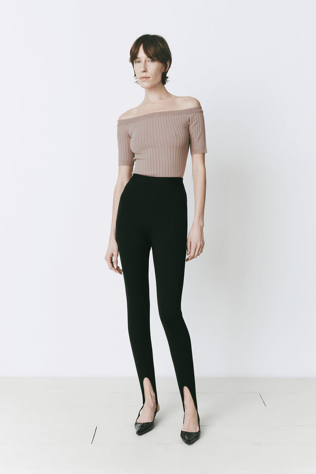 Maur Off Shoulder Top: Wheat top and black pants, modern minimalist outfit for women.
