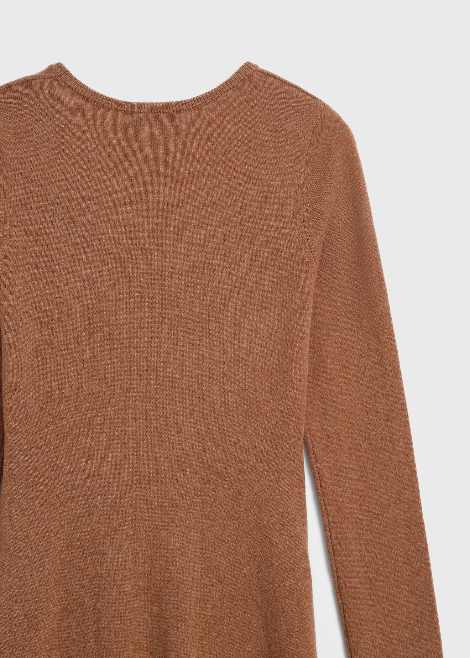 Tobacco Mignet Midi Sweater Dress, close-up detail of wool-cashmere blend fabric and neckline.