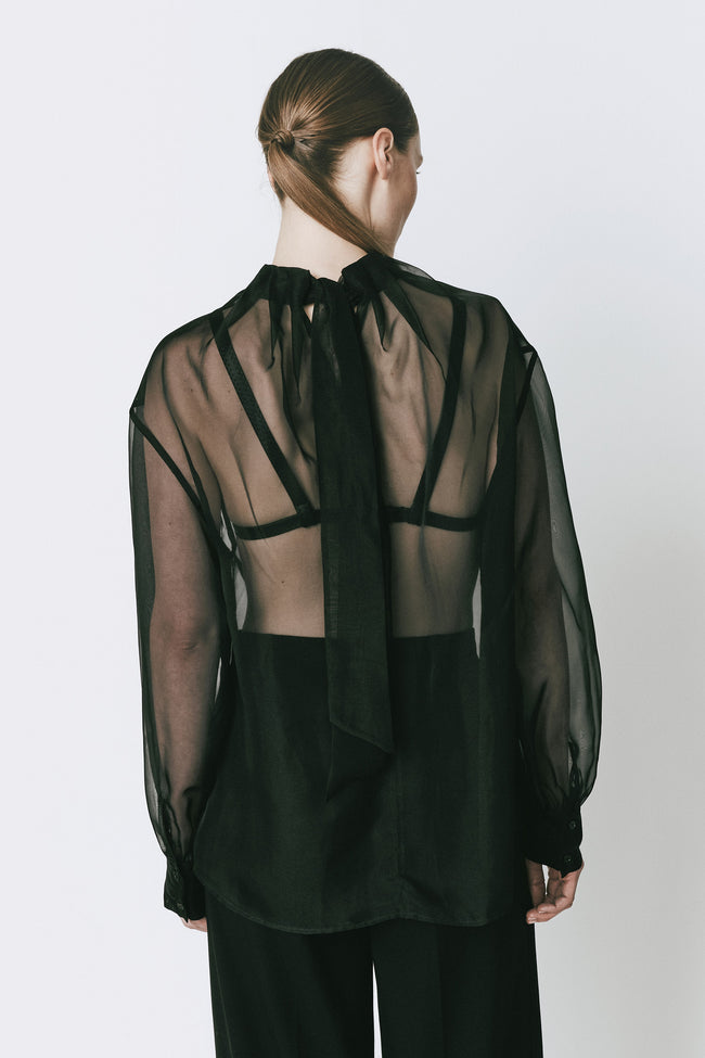 Monnaie Tie Neck Organza Top, sheer black blouse, oversized fit, perfect for evening wear or special events.