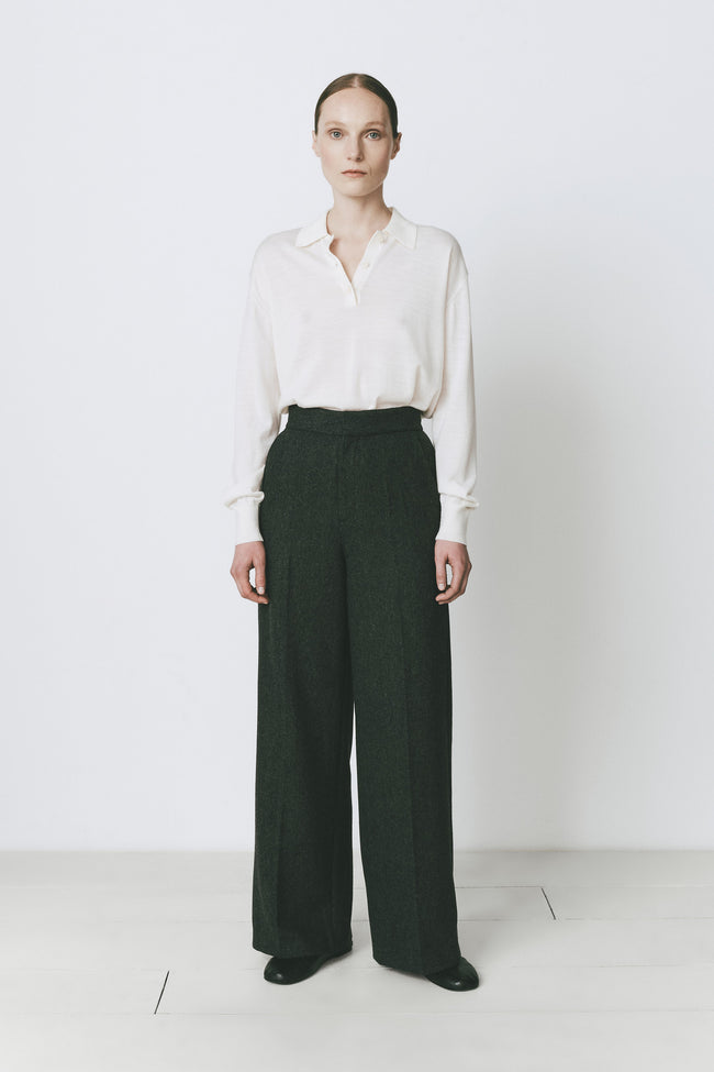 Neige Collared Sweater in glacier, dark green trousers. Lightweight, loose fit, Rue Sophie.