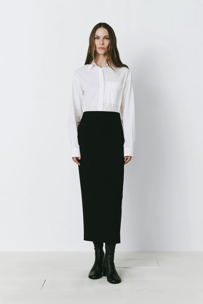 Raoulet back zip-up pencil skirt, black pencil skirt with white shirt, modern woman fashion