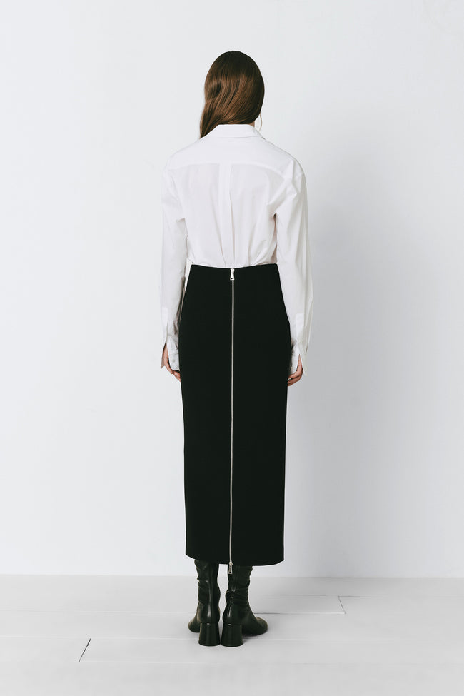 Black pencil skirt with back zip detail, perfect for work or evening wear.