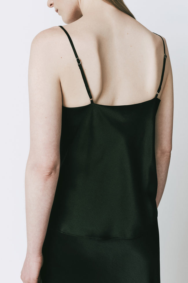 Dark green silk Rivoli top with square neckline and spaghetti straps