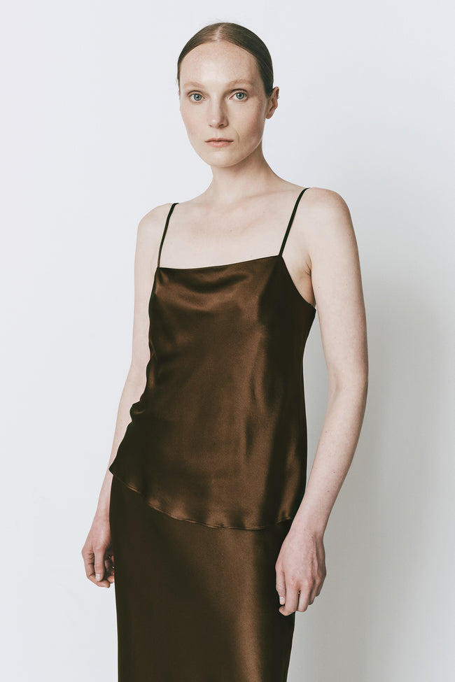 Rivoli Silk Top in Brown, Square Neck with Spaghetti Straps, luxurious silk fabric