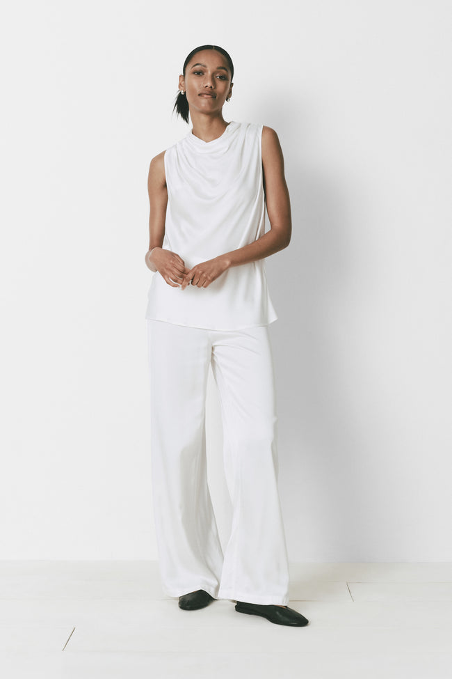 White satin Le Sud Pant, wide-leg trousers, mid-rise with a matching top