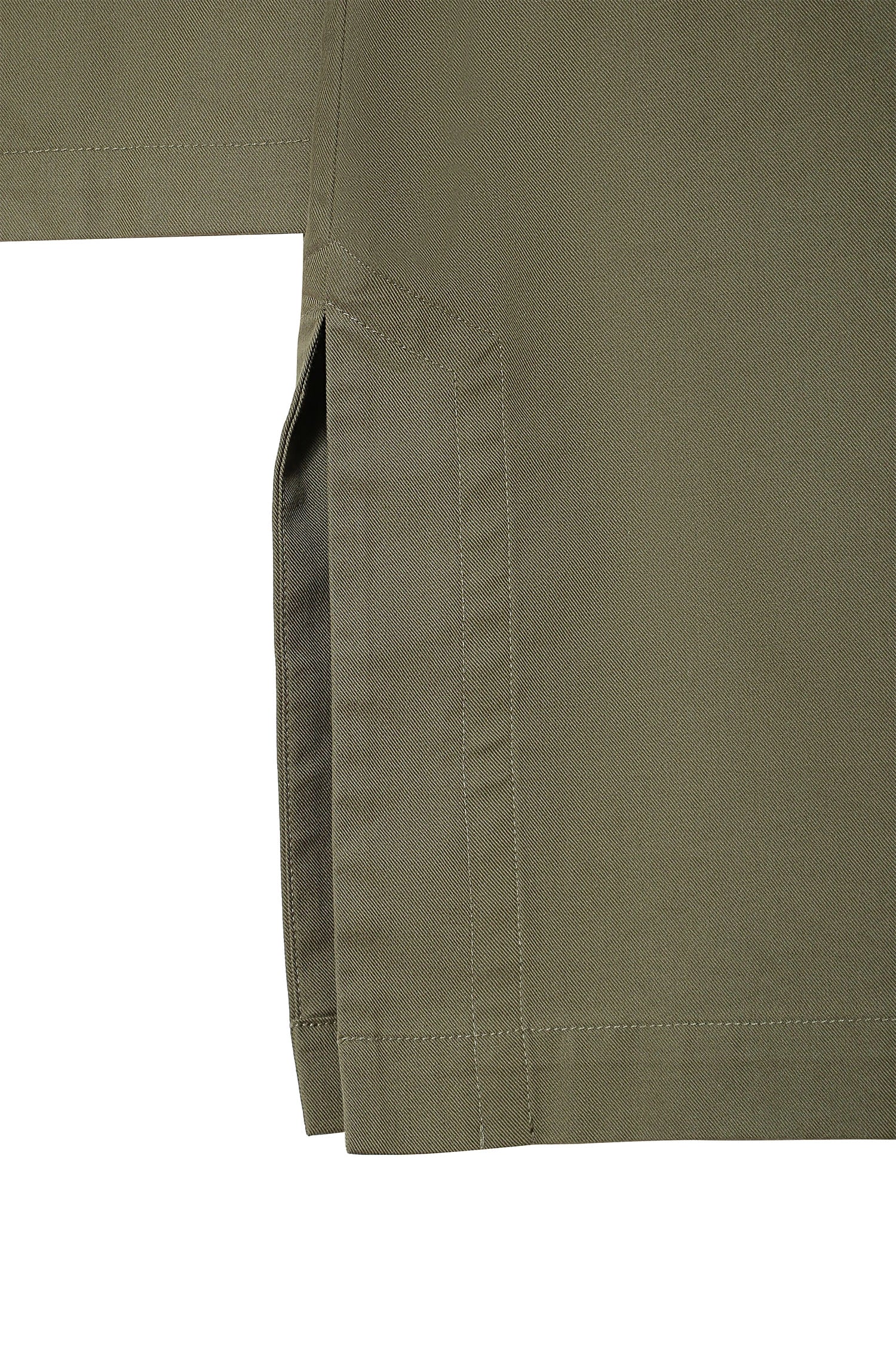 Provenance Oversized Jacket detail, olive green fabric texture and unlined construction.