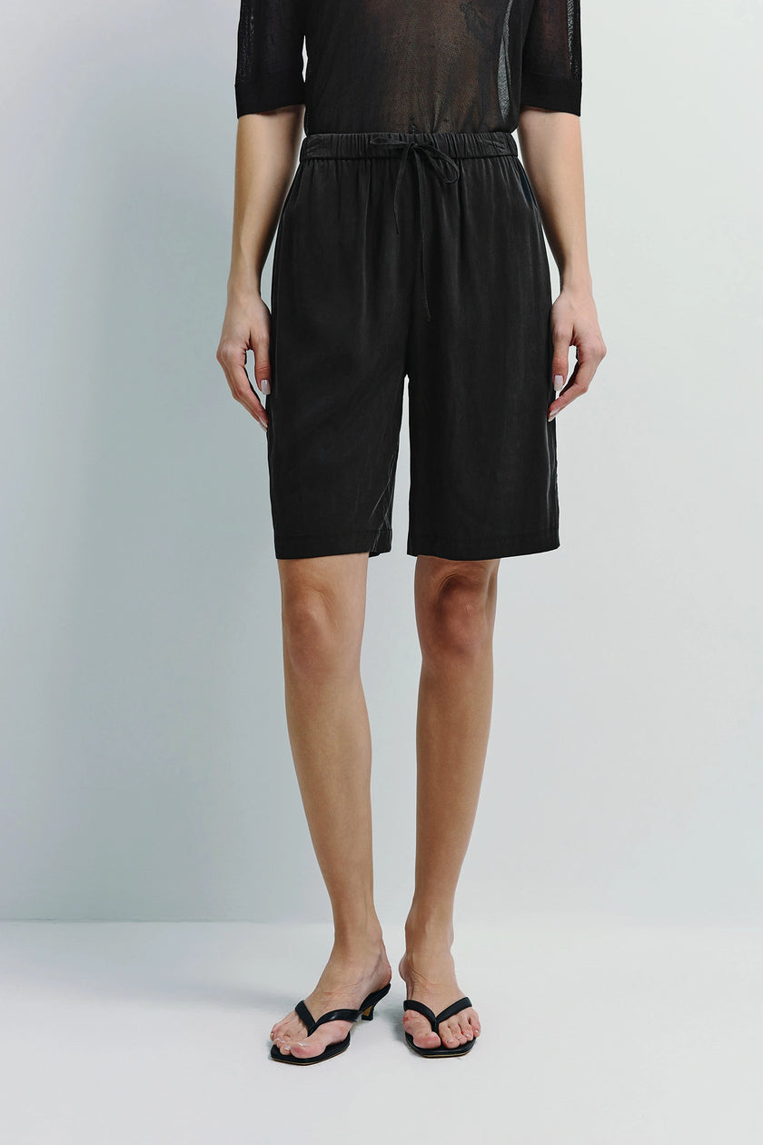 Black Frankie Drawstring Shorts. Relaxed fit, silky touch shorts for women.