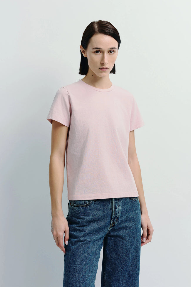 Fay Crew Neck Tee in soft pink, sustainable cotton tee for everyday wear.
