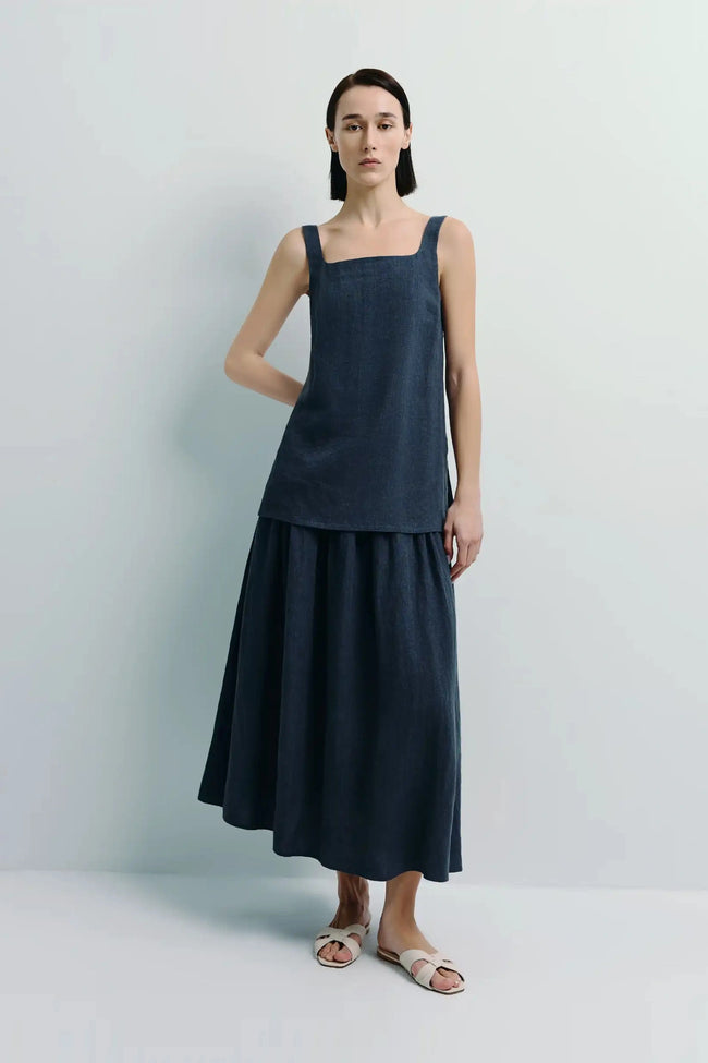 Glace Linen Midi Skirt set in navy, A-line shape, and square neck top, Rue Sophie