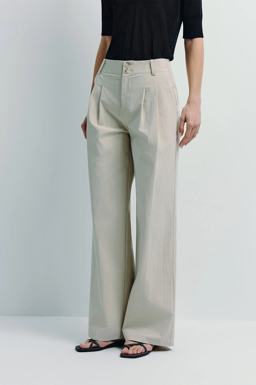 Vélo Crinkled Cotton Wide Leg Pant in light beige, pleated front with a relaxed fit, modern drape