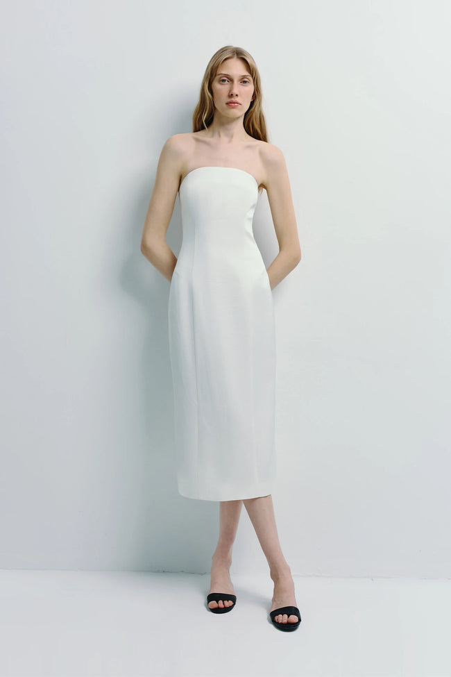 White strapless dress. Sleek, minimalist design for Lorraine Strapless Dress, crafted from premium viscose blend
