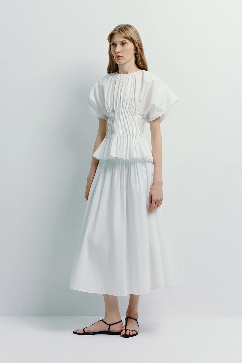 White cotton Piquenique Pintuck Shirt and skirt set, pintuck details, tailored fit, modern look.