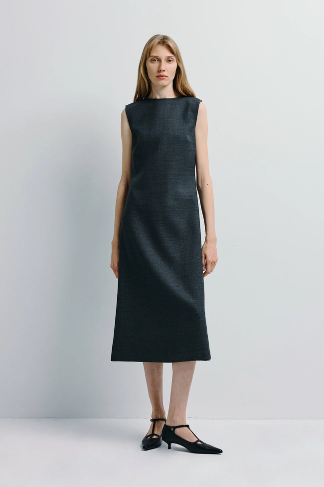 Roze A-line Midi Dress in stretch wool blend. Charcoal gray midi dress with sculpted boatneck. Sophisticated everyday wear.