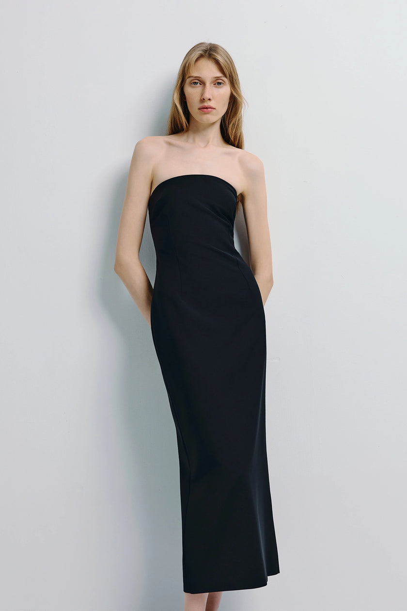 Black Webster Tube Dress, wool blend strapless midi dress with a tailored fit, modern design