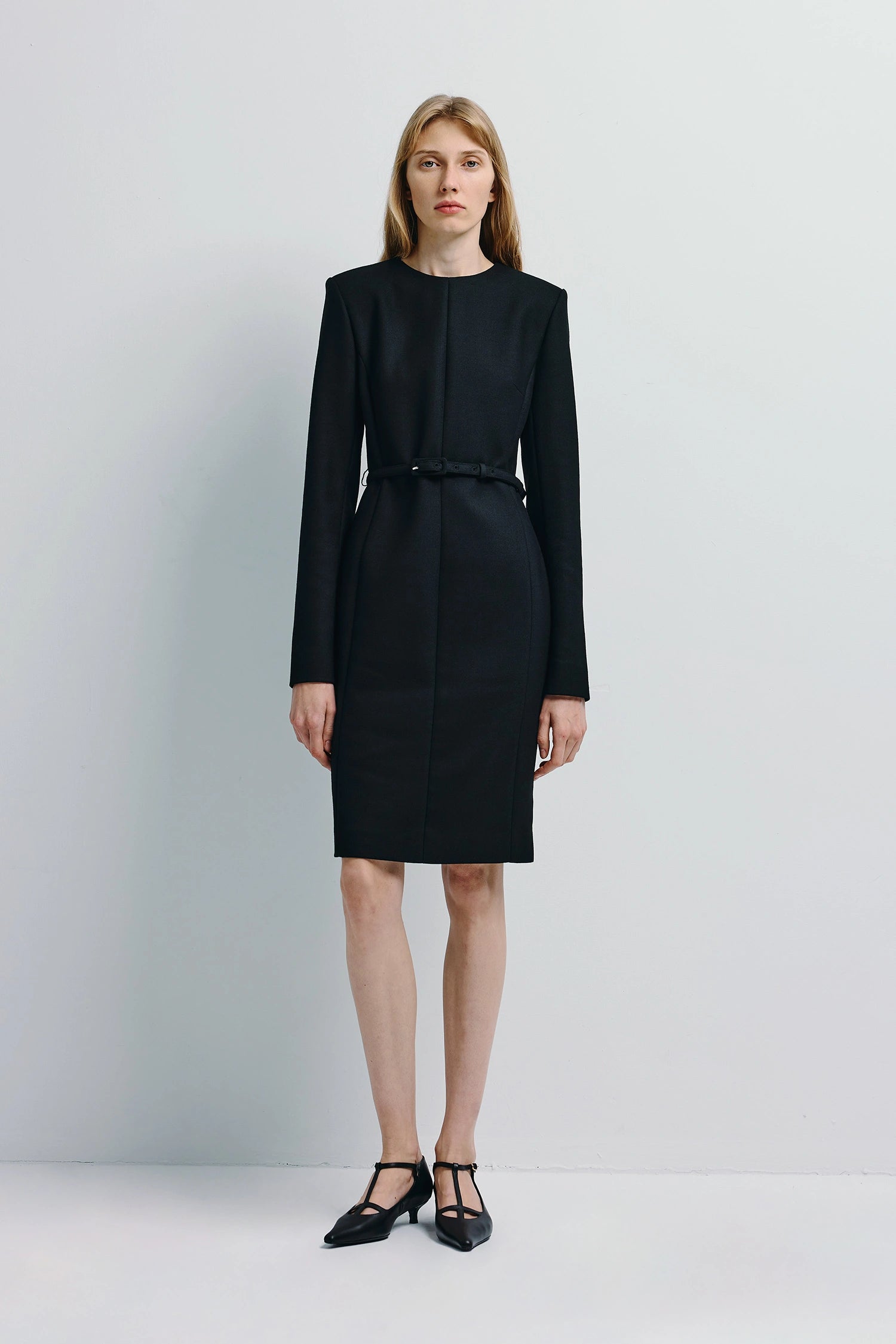 knee length dresses for ladies Wool Blend Belted Midi Dress