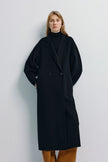 Black double-breasted Basile handmade coat. Timeless outerwear, wool-cashmere blend.