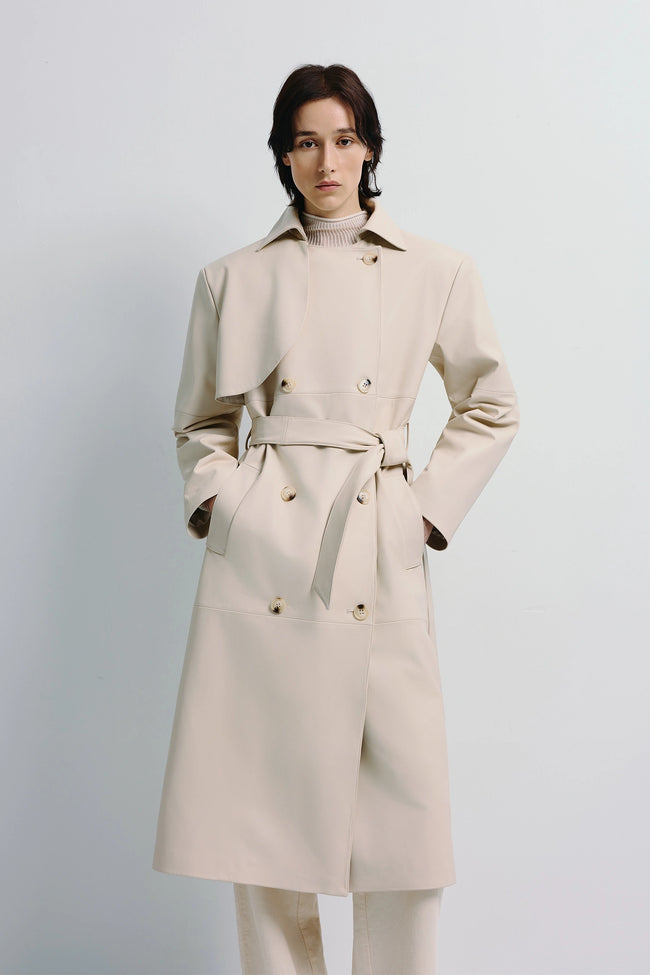 Morsson belted leather trench coat in cream, oversized silhouette, structured, fluid, minimalist design