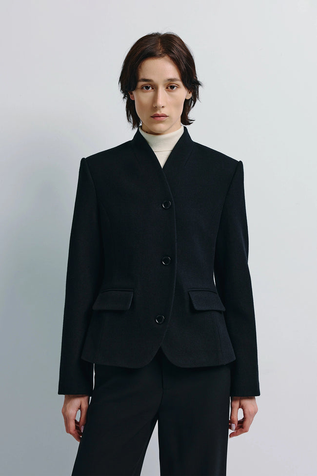 Camberly Collarless Short Blazer in black, wool-cashmere-silk blend, modern tailoring