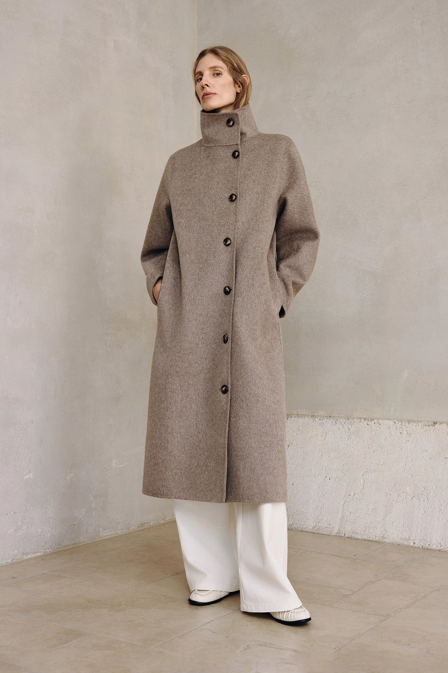 Eligio Handmade Taupe Coat | Pure Wool Asymmetrical Collar