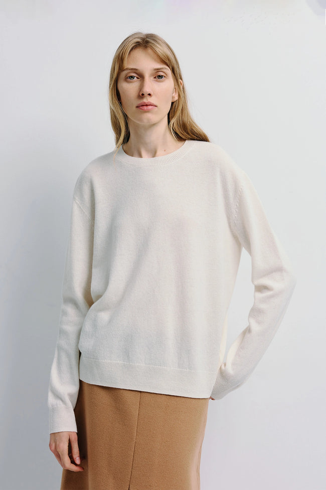 Mia Crewneck Sweater - Pure wool sweater in white, minimalist design