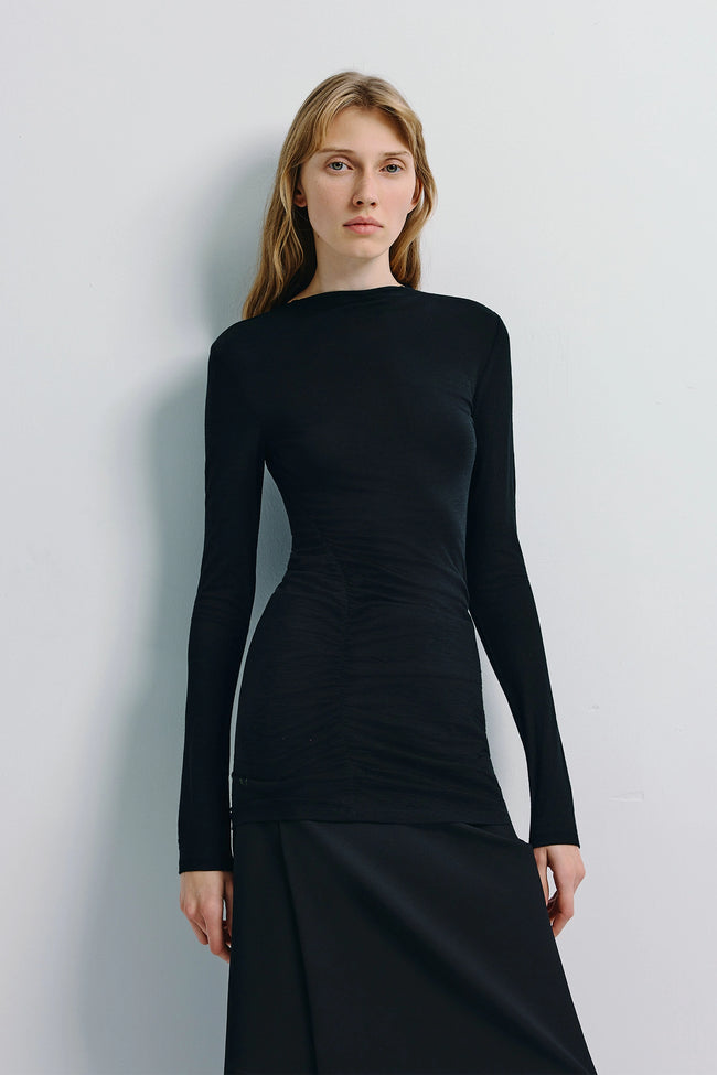 Ruesophie Wren Fine Knit Boatneck Top in Black, elegant wool knit with side ruching, slim fit.
