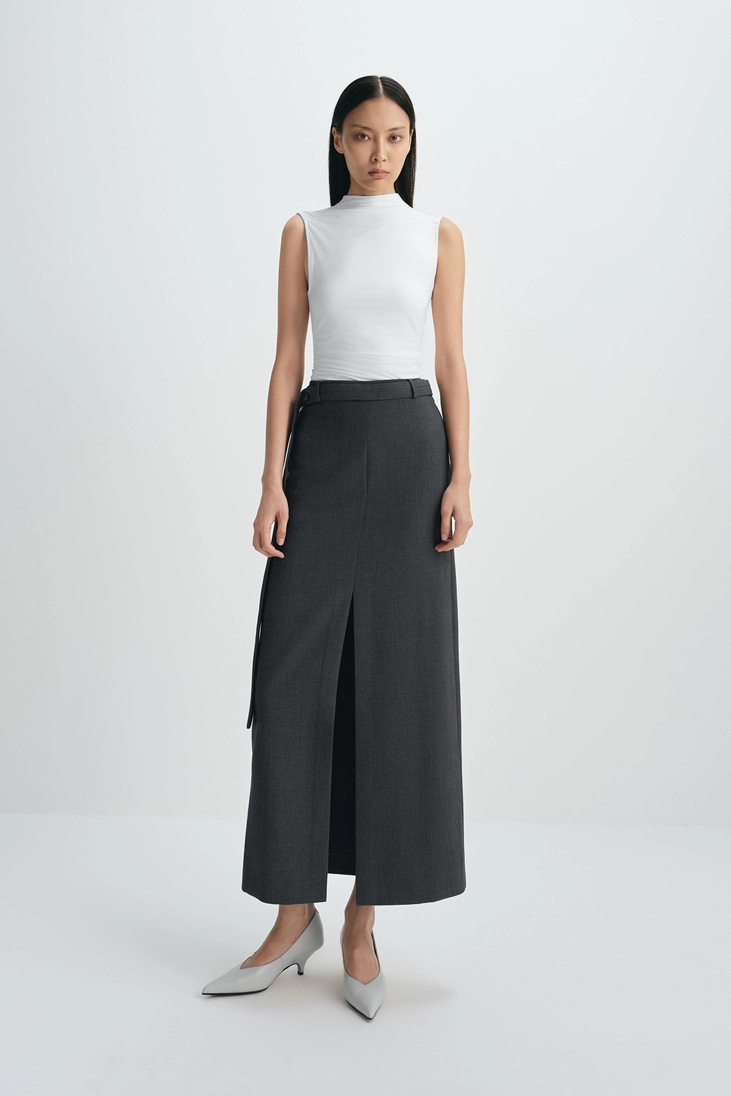 Noelia Center Slit Belted Skirt H.Charcoal