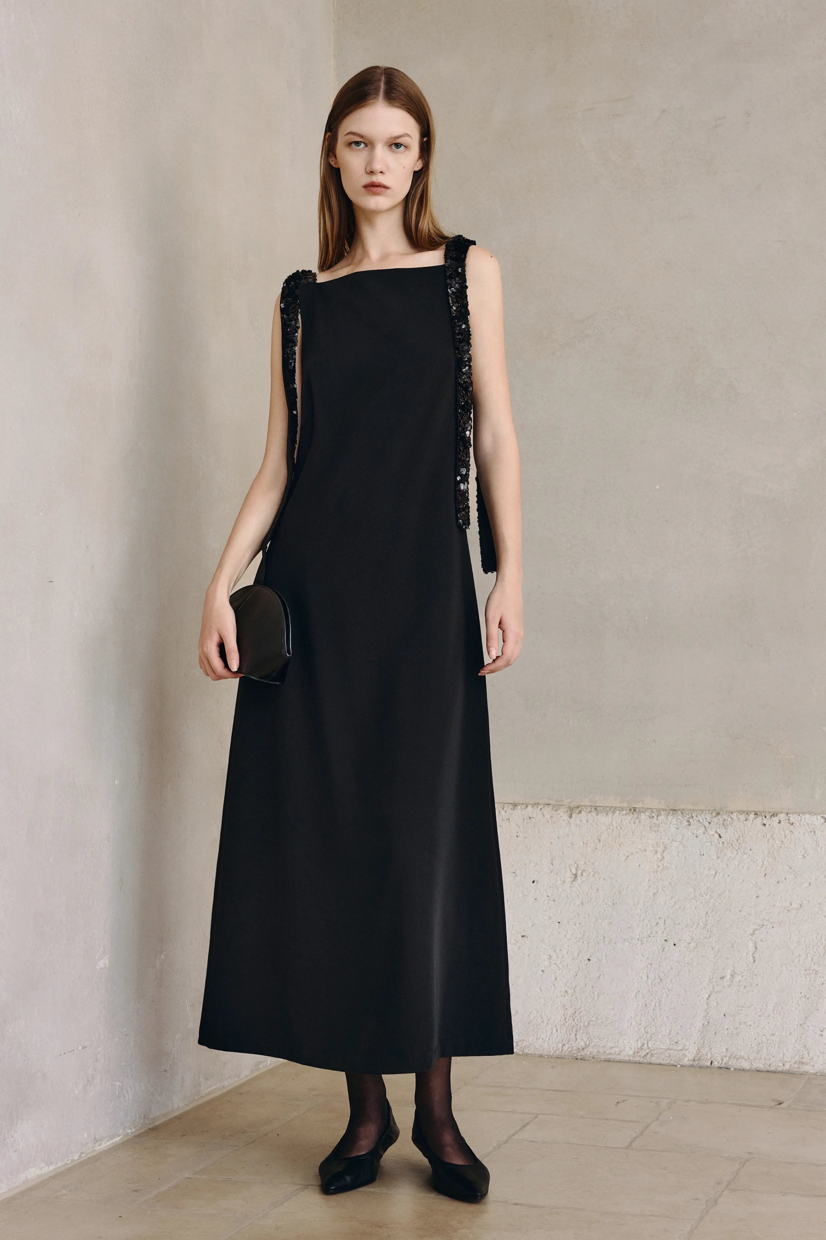 Black Sequin Tie Midi Dress
