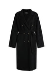 Black Bastille Double Breasted Coat with belt. Wool-polyester blend, hourglass silhouette, perfect for layering.
