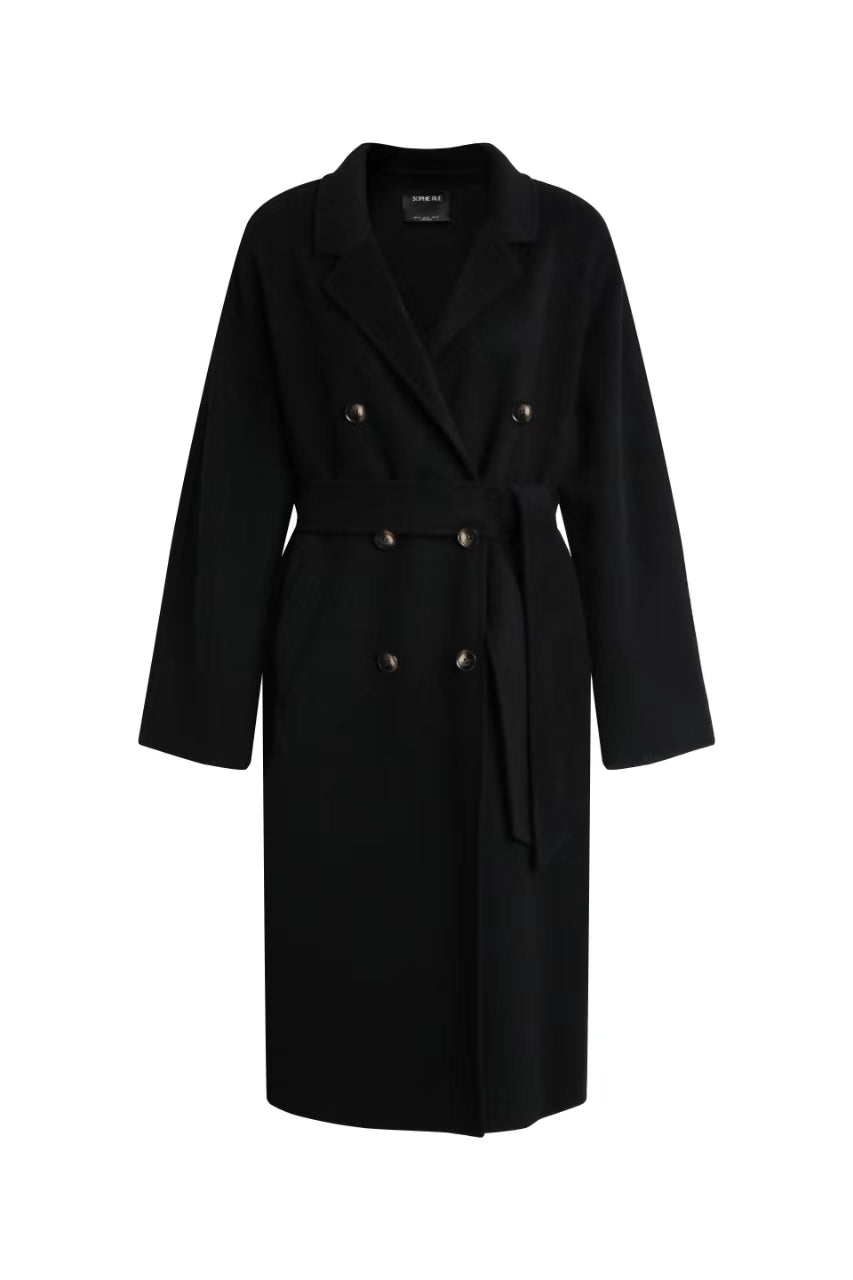 Black Bastille Double Breasted Coat with belt. Wool-polyester blend, hourglass silhouette, perfect for layering.