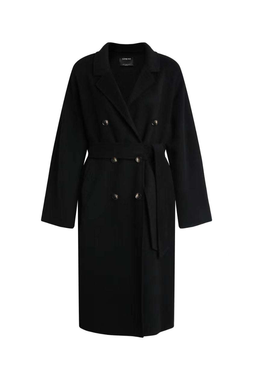Black Bastille Double Breasted Coat with belt. Wool-polyester blend, hourglass silhouette, perfect for layering.