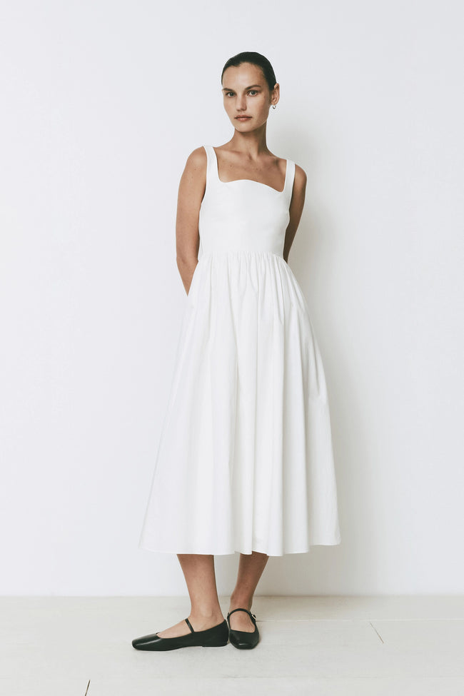 Mirabel Dress, white midi dress with square neckline and structured fit-and-flare silhouette.