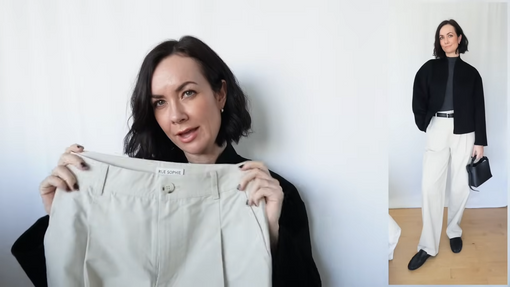 A woman holds up a pair of Rue Sophie pleated trousers, with a full-length inset of the complete, stylish outfit