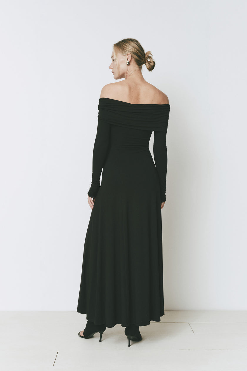 Black Giverny Dress, off-the-shoulder maxi dress, twist top design by Rue Sophie