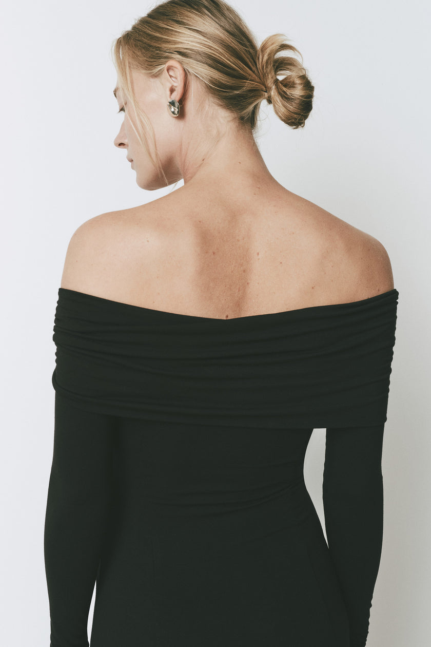 Rue Sophie Giverny Dress in black, off-the-shoulder design with long sleeves