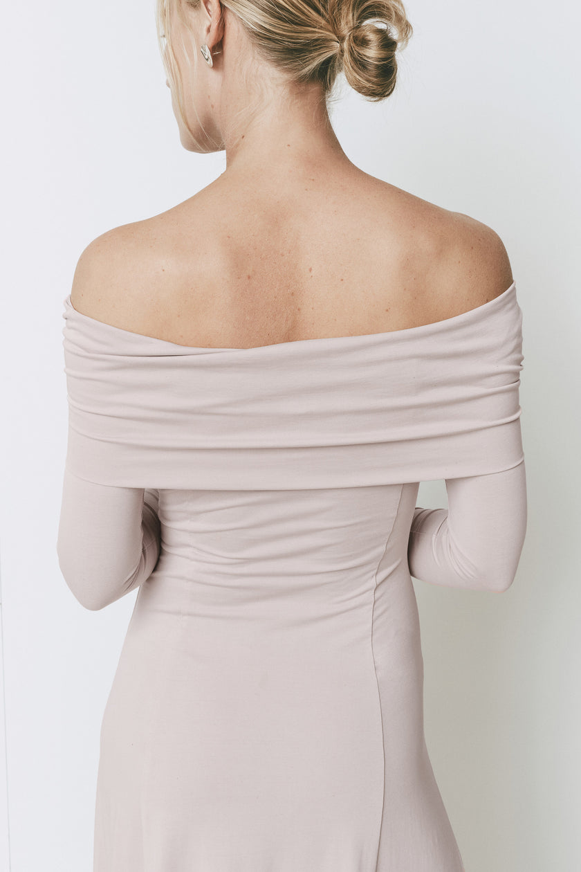 Giverny Dress in light pink, off-the-shoulder neckline, long sleeves, back view, sophisticated.
