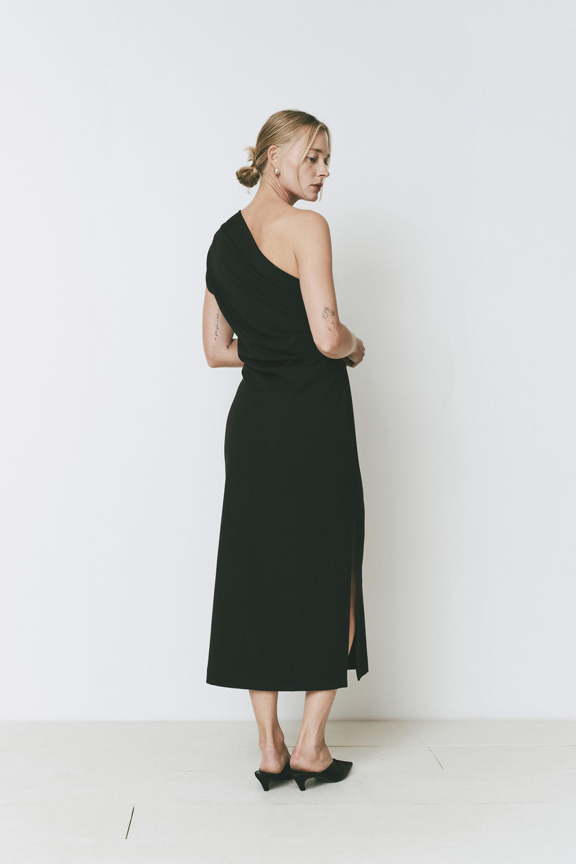 Palais Dress in black, one-shoulder midi dress with leg slit, Rue Sophie
