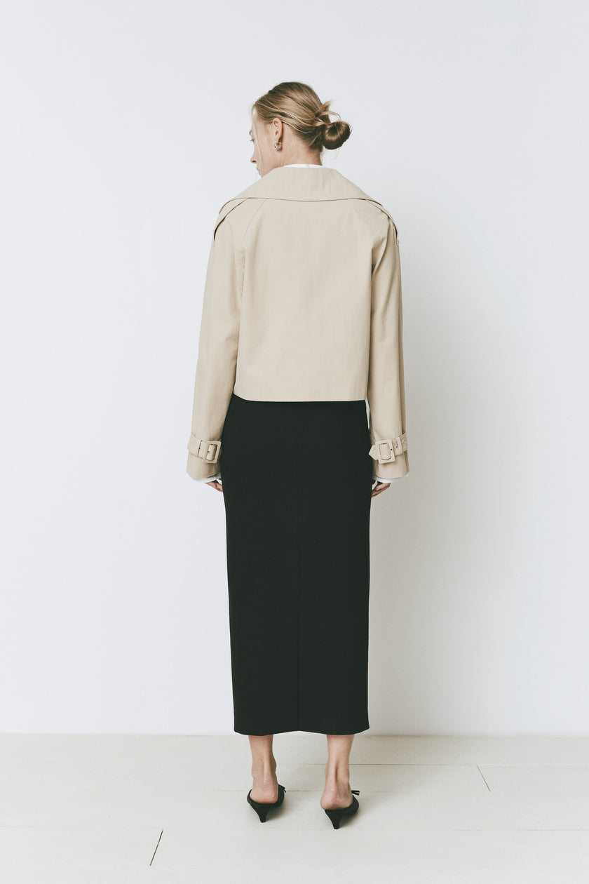 Honoré Cropped Trench Coat beige with black skirt - modern women's fashion