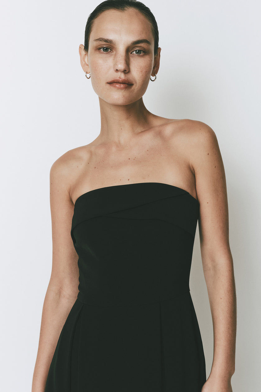 Belle Dress black strapless A-line midi dress, Rue Sophie, elegant design