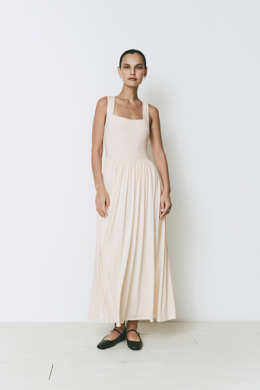 Cream Nouveau Dress by Rue Sophie with square neckline and thick straps