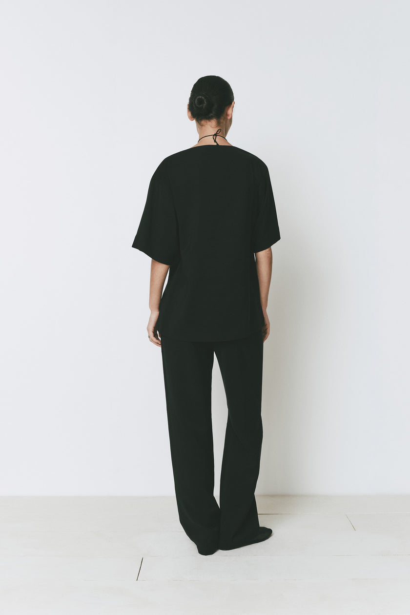 Black Dusk Boatneck Top with quarter sleeves and matching trousers by Rue Sophie