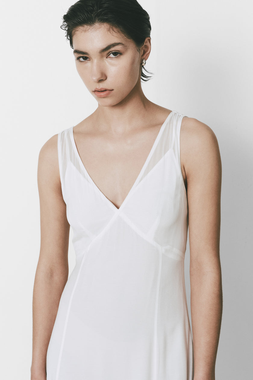 White Narbonne V-neck dress for women, semi-sheer, ideal for a light luxury aesthetic.