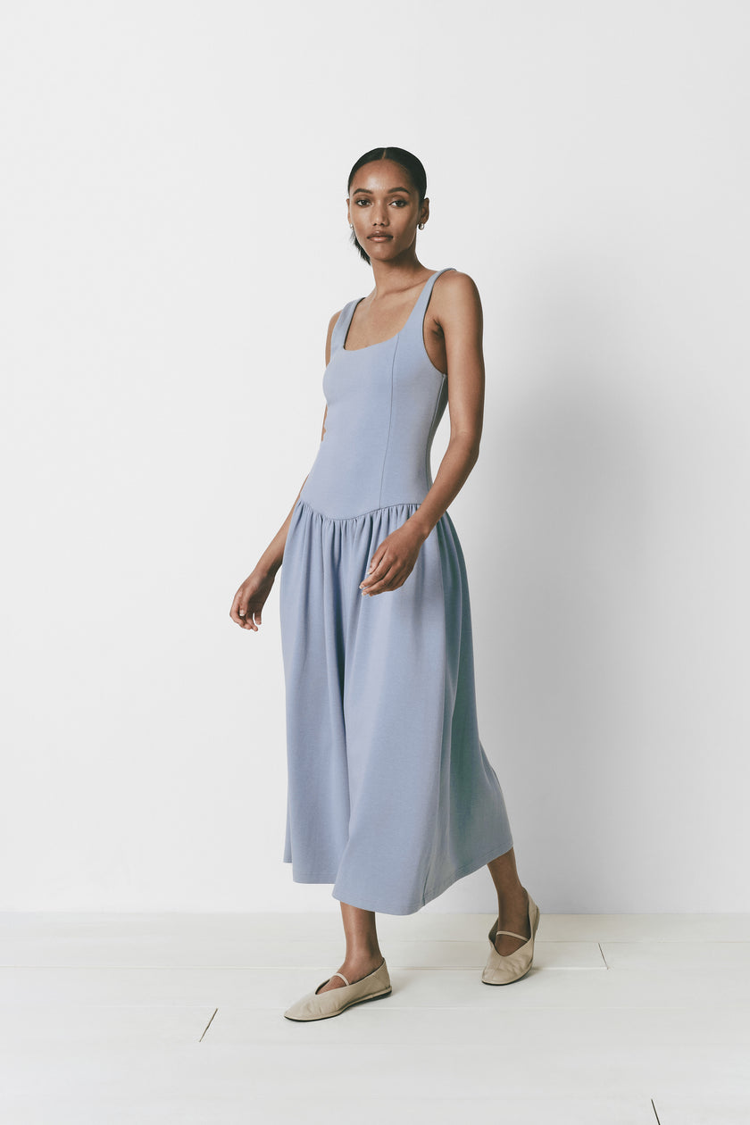 Soft blue drop waist midi dress with square neckline