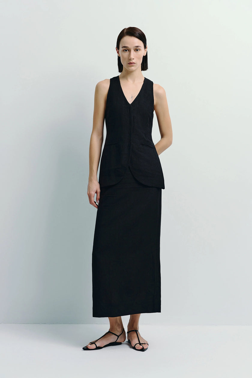 Black linen-viscose midi skirt and vest set, regular fit, by Ruesophie, minimalist design.