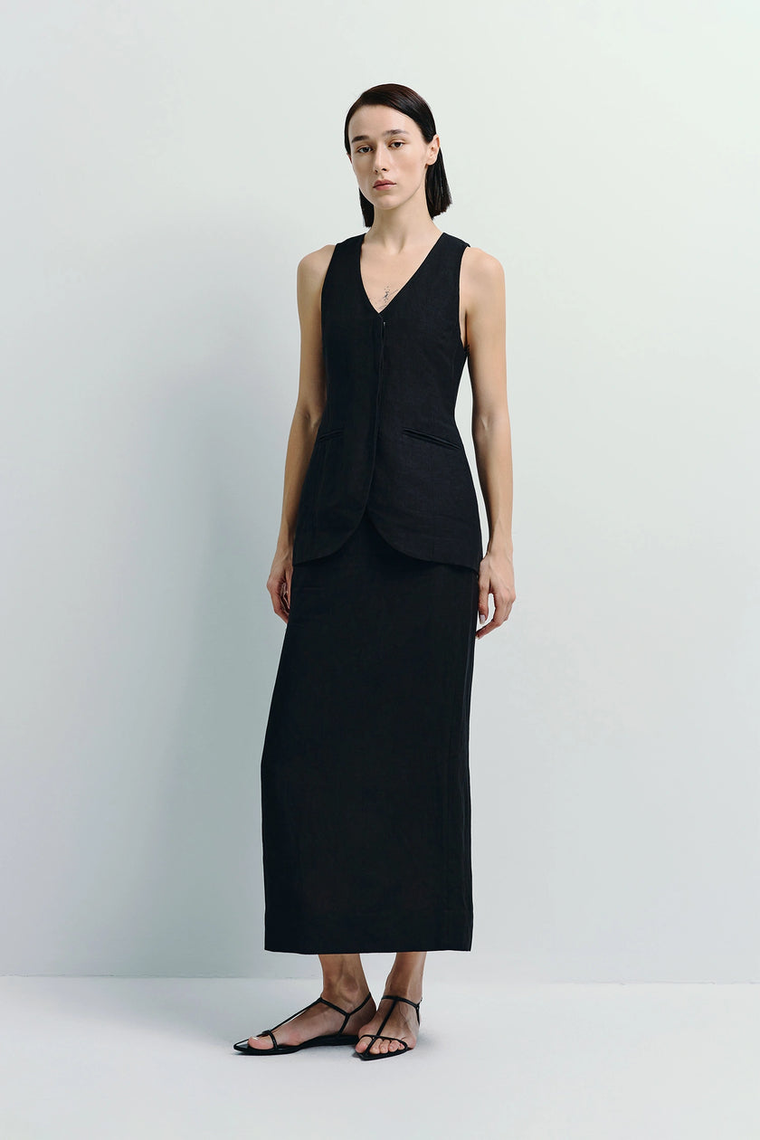 Black linen-viscose vest and midi skirt set, regular fit, by Ruesophie