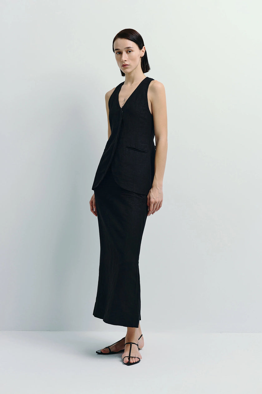 Black linen-viscose midi skirt and vest set by Ruesophie, regular fit, elegant and chic