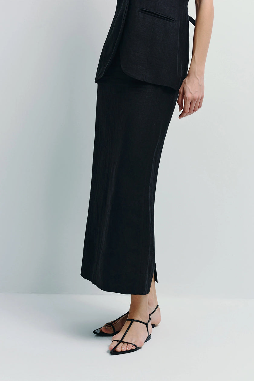 Black linen midi skirt and vest set by Ruesophie, crafted from linen-viscose blend, regular fit, minimalist design