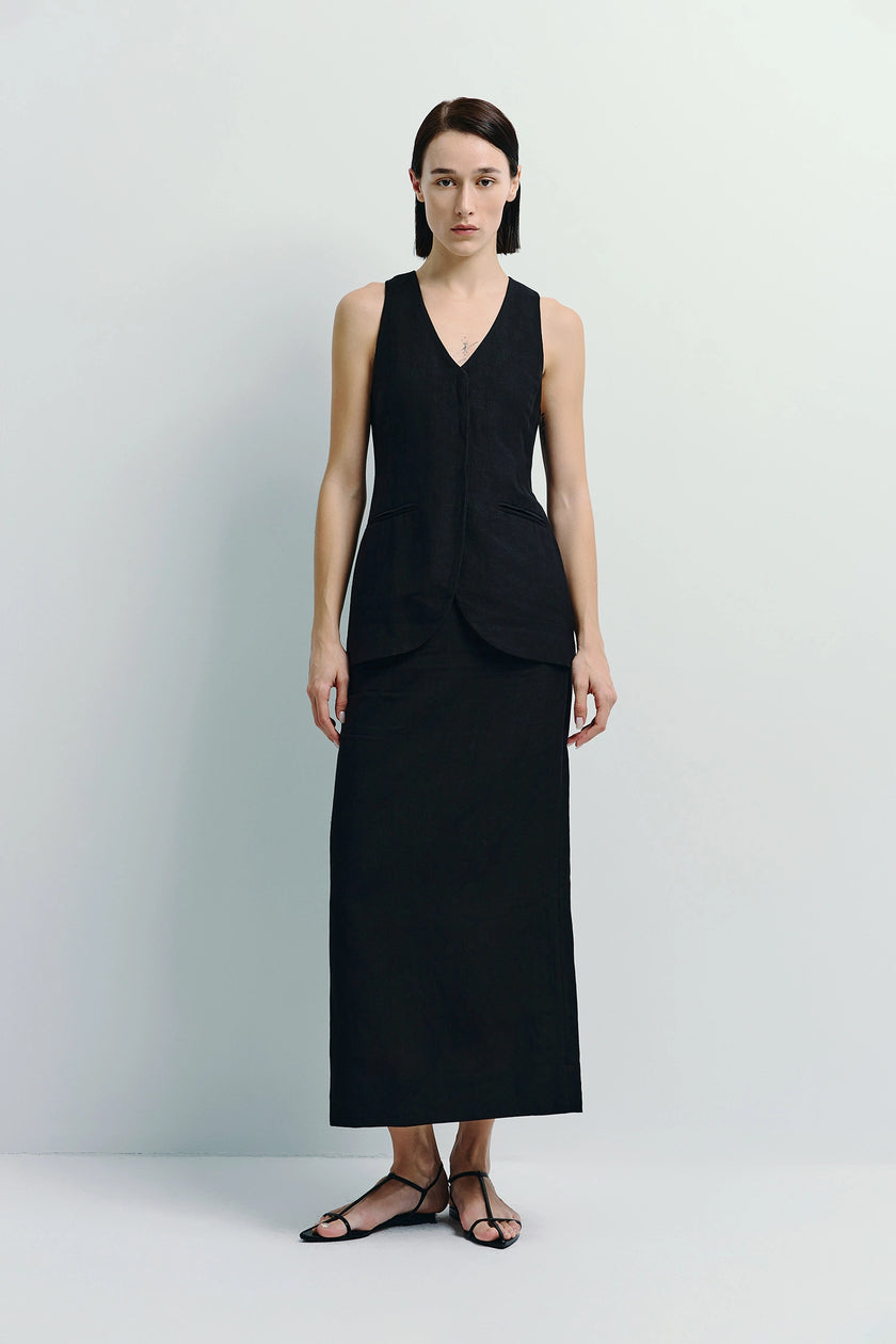 Ruesophie Adan Linen Vest and Skirt in black, tailored linen blend, light luxury aesthetic