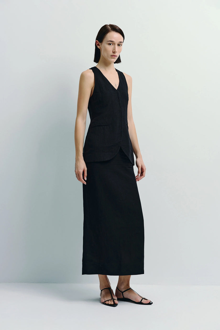 Adan Linen Vest and Skirt ensemble, black, Rue Sophie, lightweight linen-viscose blend, tailored fit, modern look