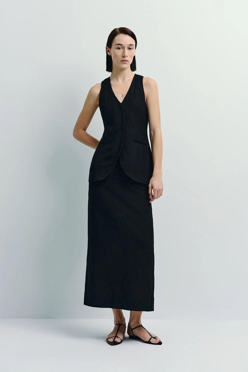 Ruesophie Adan Linen Vest in black, paired with matching skirt, tailored fit, light luxury aesthetic