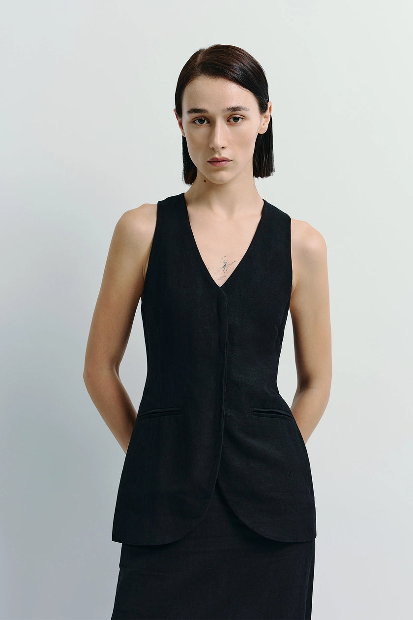 Adan Linen Vest in Black by Rue Sophie. Lightweight, tailored-fit linen-viscose vest. Modern, minimalist style for women.